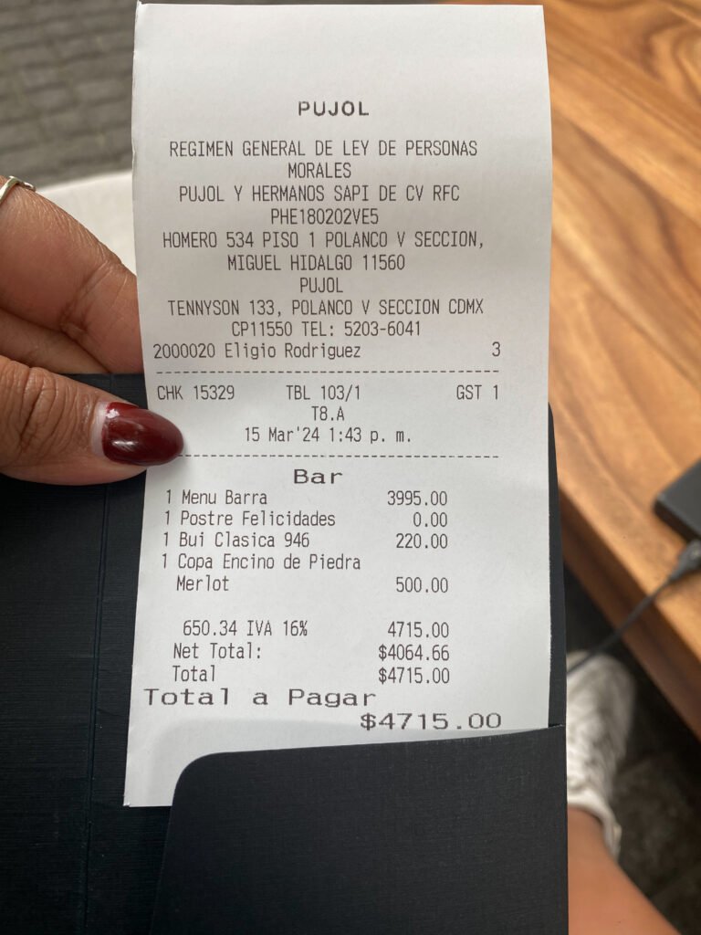 Total Bill for Pujol Bar Experience